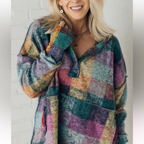 Multicolor Brushed Plaid Buttoned Pullover  Oversized Hoodie - Picture 2 of 7